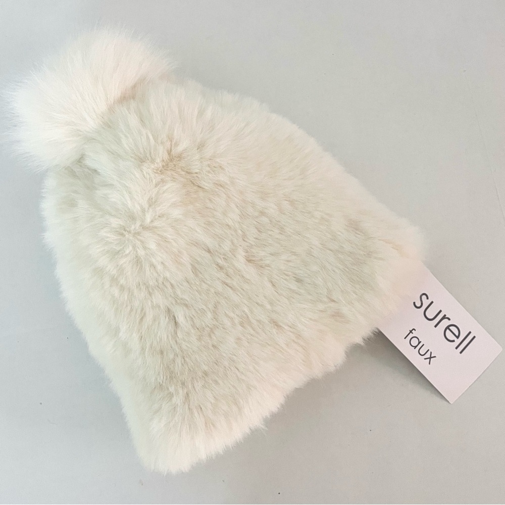 NWT SURELL Faux Fur Pom Pom Beanie Hat Ivory Cream Women’s Winter Hat 10139KT